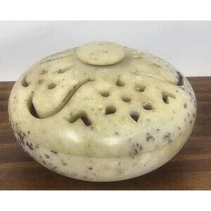 Natural Hand Carved Soap Stone Incense Burner Trinket Box W/Lid Jali Design